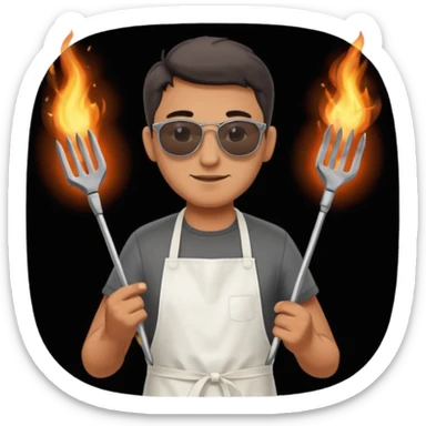 A guy in sunglasses holding tongs, proudly turning skewers over glowing charcoal. sticker