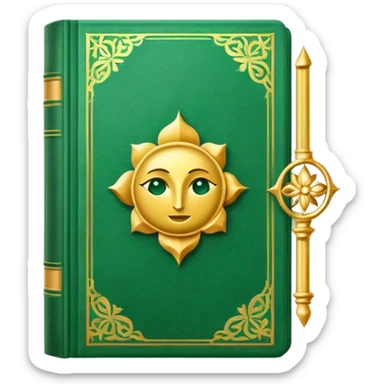 Un libro verde esmeralda con portada con detalles dorados y una textura de terciopelo, con un loto en la portada, irradiando presencia, calma y despertar espiritual sticker