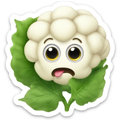 Cauliflower with cute big eyes holding a mirror, surrounded by leaves. sticker