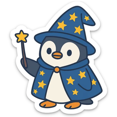 flat toon style penguin wizard with starry hat sticker