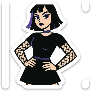 goth girl, pale skin, black hair, purple highlights, fishnet sleeves, confident pose, vibrant toon style sticker