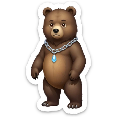 Very dark brown bear in full body view on all four legs, highly realistic fur texture, serious expression, full-length view with ice chain around neck sticker