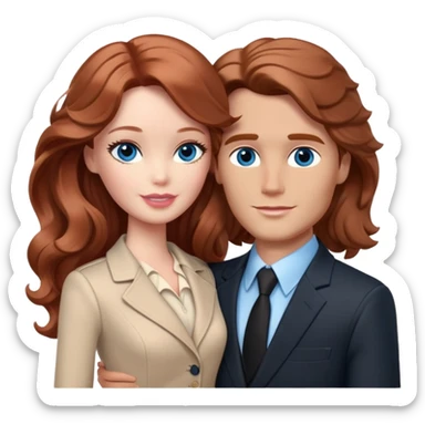 Barbie girl  , eyes blue , Chestnut red long wavy hair In pale beige clothes, Hugs a man with brown hair, brown eyes , and a black suit sticker