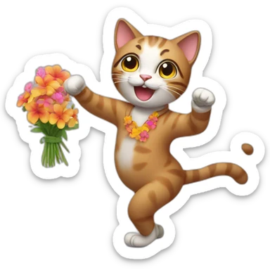 dancing cat with flowers in the hands sticker