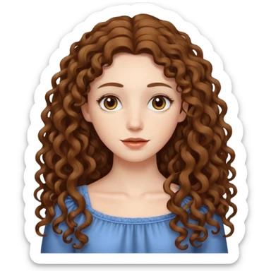 pale woman with brown curly very long hair, middle part. the hair is very very very very very very long, waist length, but you can't see her waist sticker