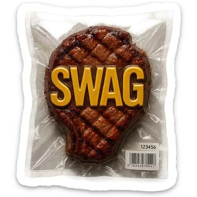 grilled steak with bold gold 'SWAG' letters, glossy vacuum-sealed style sticker