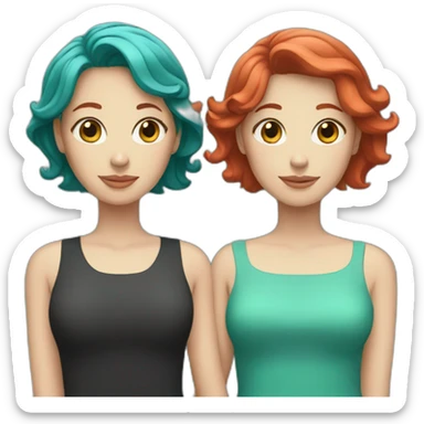 Two white women holding hands, one with medium length red hair, one with short teal hair sticker