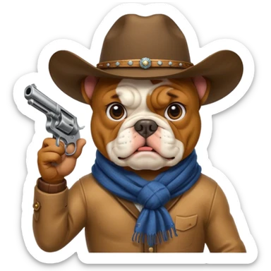 A bulldog wearing a cowboy hat, covering his face with a scarf so he wouldn't be recognized, pointing a revolver at you, telling you to hand over your money. sticker