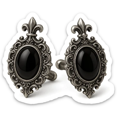 Aristocrat goth cufflinks, silver, black onyx, ornate design sticker