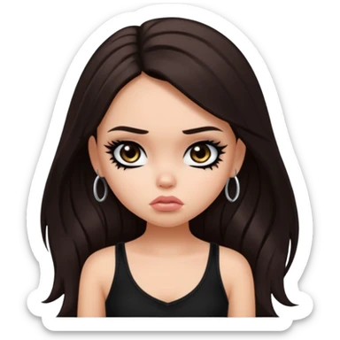 generate a pretty fair bratz girl with long dark brown hair looking sad. Wearing a black cami sticker
