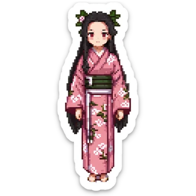 Nezuko Kamado from Demon Slayer, pixel art style, pink kimono, bamboo muzzle, long black hair with orange tips, simplified details sticker