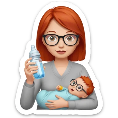 red lang haired woman with glasses with baby bottle sticker
