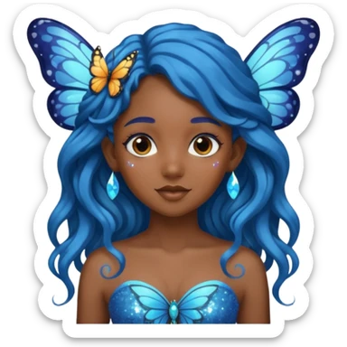 Black girl fairy with long wavy blue hair butterfly wings sparkly sticker