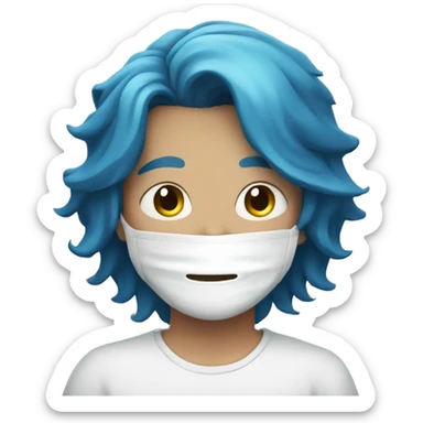 A boy with blue hair long hair and a white mask sticker