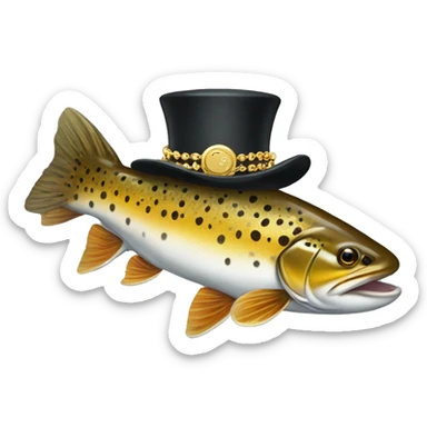 Brown trout wearing a top hat and gold chain sticker