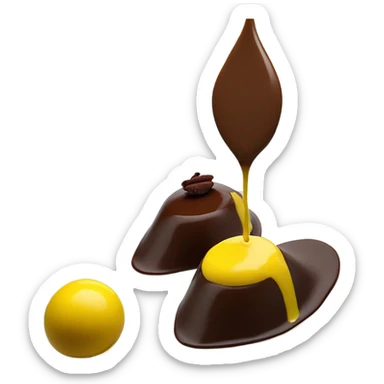 1 Chocolate quenelle and 1 vanilla quenelle on a fine dining glass plate with 3 small drops of yellow sauce as decoration sticker
