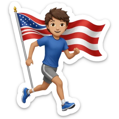 A teen boy with messy brunette hair, running with a fluttering flag behind him. sticker