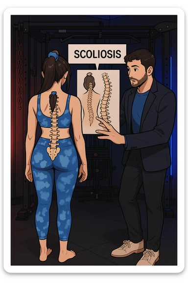fai questa immagine in versione manga/webtoon a colori, il manga mostra la donna di spalle, mentre l'uomo le tocca la spina dorsale per spiegarle come funziona la scoliosi:
Con una scoliosi il baricentro corporeo cade maggiormente da un lato; per non cadere la schiena compensa accumulando tensione sul fianco opposto.
Il risultato? Si inclina e ruota sempre più, fino a che non cede (discopatie, artrosi, ecc) sticker