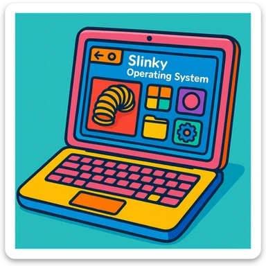 modern laptop displaying Slinky Operating System, fun and colorful sticker