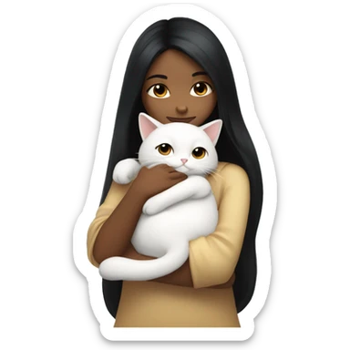girl with very long black hair and caramel skin hugging a white cat sticker