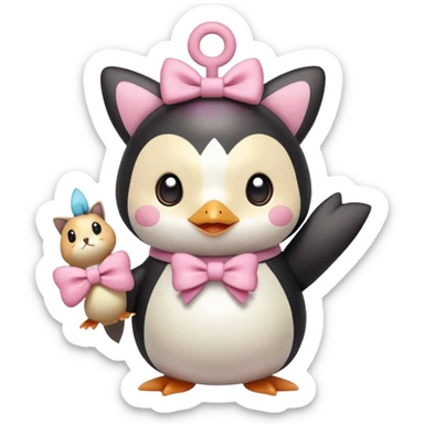 pinguin holding meow pokemon with pink bow sticker