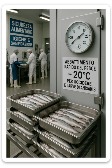 a fish processing facility where freshly caught fish are placed on trays and moved into a large industrial freezer. A temperature gauge shows -20°C, and an educational label explains that rapid freezing (abbattimento) is used to kill Anisakis larvae. The background includes workers in protective clothing and clear signage about food safety. in italiano sticker