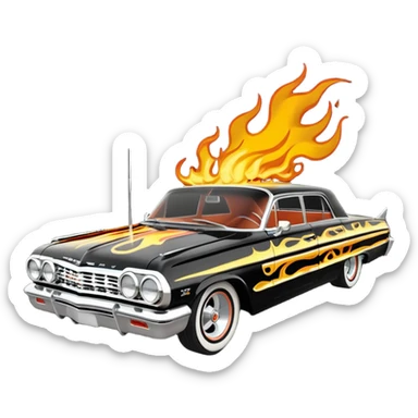 Hot rod custom 1964 impala low rider four door Anubis theme painted hood flaming side-pipes sticker