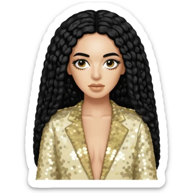 Solange from Destiny's Child with long black hair, cream sequin outfit  sticker