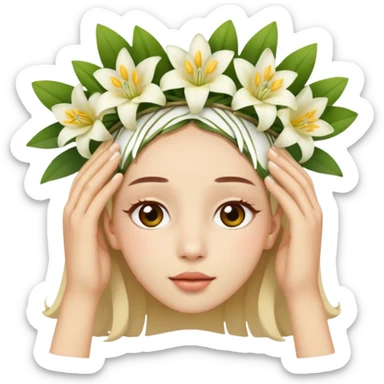 Emoji Face upside down 🙃, with a flower crown on his head, a crown of small white and yellow lilies sticker