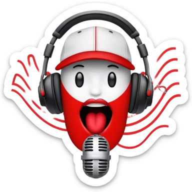 Create a dynamic and energetic emoji that represents beatboxing. The design should feature a stylized microphone with lips and baseball cap on it, sound waves emanating from it , symbolizing vocal percussion and rhythm. Add elements like headphones or a subtle speaker to emphasize the music production aspect. Use bold colors like black, white, and red to convey the intensity and creativity of beatboxing. The background should be transparent. sticker