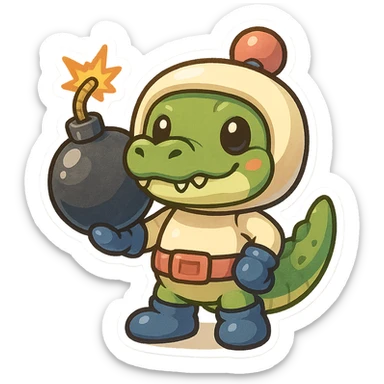 A crocodile dressed as Bomberman, with a round helmet, gloves, and a bomb in hand, in a colorful and fun cartoon style sticker