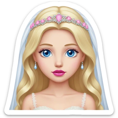 Cinematic realistic blonde with long hair, blue eyes and pink lips in a wedding dress sticker