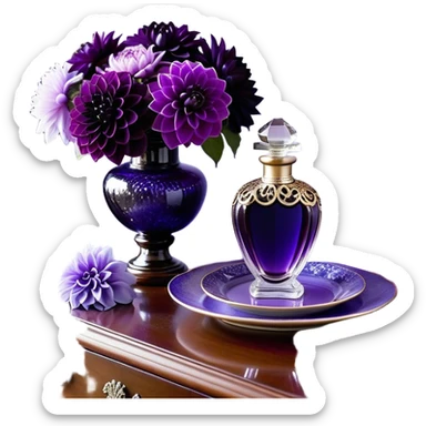 An ornate dark amethyst French-style perfume bottle, adorned with filigree accents, sits beside a porcelain dish of violet-hued petals. Lush periwinkle dahlias spill from a crystal vase, their soft petals contrasting with the bottle’s rich purple tones. A silk ribbon in muted lilac drapes across the wooden dresser, completing the dreamy vintage scene. The faint aroma of iris and musk lingers, reminiscent of an old-world Parisian boudoir. sticker
