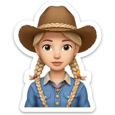 cute cowgirl portrait, head and shoulders only, cowboy hat, braided hair, western outfit collar, confident expression, 3D cartoon, mobile game icon style, clean background, no text, no watermark
 sticker