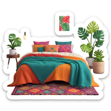 modern boho bedroom with monstera plants, colorful textured rugs, and piles of cozy blankets sticker