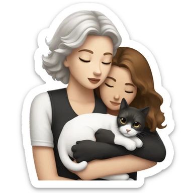 white brown haired women cuddling black and white cat sticker