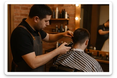 yuzi ko'rinmasin sartaroshxonada ishlayotganini tasvirlab ber sticker