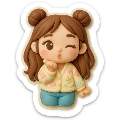 3D chibi fondant cake art style, high-quality rendering with smooth shadows and soft gradients. Girl based on reference image, preserve facial features, long brown hair in two space buns, brown eyes, jeans, pastel floral cardigan, thick white outline like a sticker, transparent background. Blowing a kiss and winking, consistent appearance with previous stickers. sticker