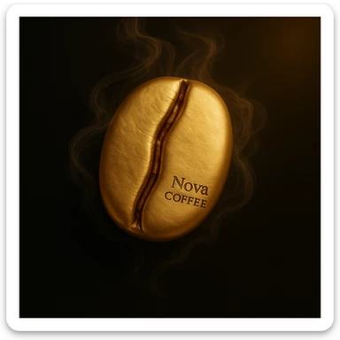 Center the golden coffee bean perfectly in the image. Refine the text 'Nova Coffee' in the lower right area of the bean using a font inspired by the most popular and premium coffee brands, such as elegant modern sans-serif or refined serif fonts. The text should be subtle, fine, and elegant, enhancing the premium feel without overpowering the minimalist, luxurious style. Retain the soft swirling mist, black background with a soft golden glow in the corners, transparent edges, and highest resolution. sticker