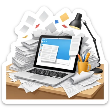 minimalist desk cluttered with papers spilling over, symbolizing overwhelming admin workload sticker