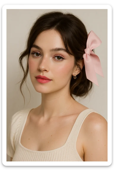 modern coquette woman with soft makeup, pink bow in hair, light background, stylish and fresh sticker