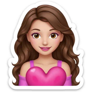 girl with long wavy brown hair, brown eyes, long lashes makeup, sexy pink lips, light to medium complexion, wearing a pink sexy top, smiling, holding a big heart sticker