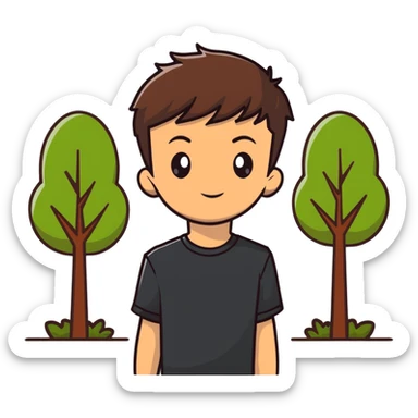 boy with straight short brunette hair brown eyes black tshirt on and tree behind sticker