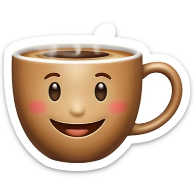 Create an emoji-style image of a warm morning cup of coffee with steam rising and a cheerful smiling face on the cup. The background should feel cozy and bright, like morning sunshine. sticker