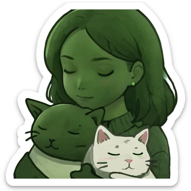 A closing eye girl hugs a white jinjila cat , the cat’s eyes are green  sticker