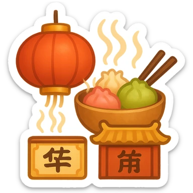 cute and appetizing emoji symbolizing a Chinese restaurant, featuring a traditional Chinese red lantern, chopsticks and bowl, steaming dim sum, and a restaurant sign with Chinese-style decorations sticker