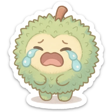 chibi style soft fluffy round durian character with green spiky shell and yellow flesh, crying dramatically with big teardrops, pastel colors, full-body sticker