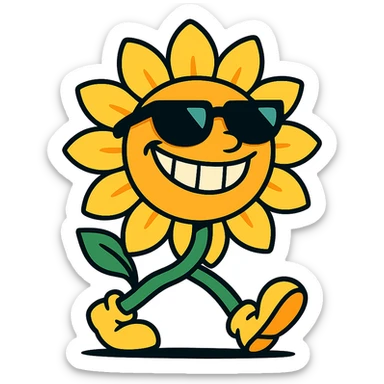 bright pastel yellow sunflower with large sunglasses, grinning proudly while strutting, round body, exaggerated confident face, vibrant toon style sticker