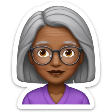 emoji of a black grandma women with long black and gray hair with glasses and brown eyebrows sticker