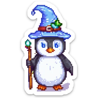 Create a pixel art style image of a penguin wizard with eyes open, keeping the transparent background as in the original image. sticker
